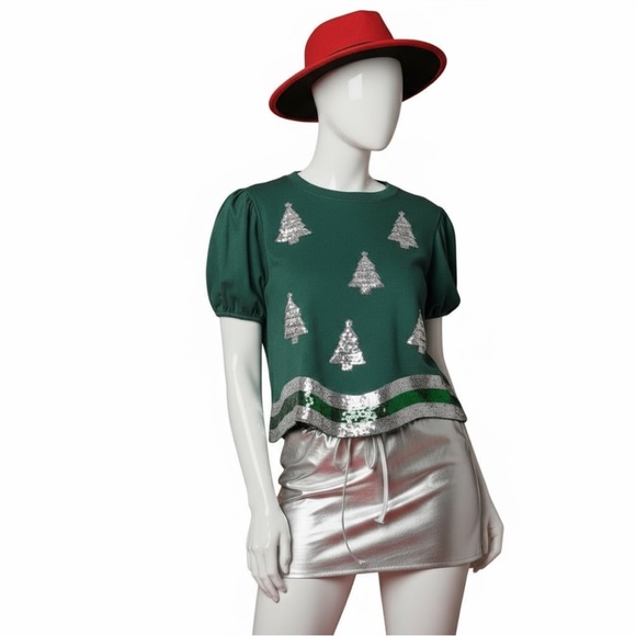 PEACH LOVE CALIFORNIA puff sleeve sequin accent holiday top S M L - Picture 5 of 5